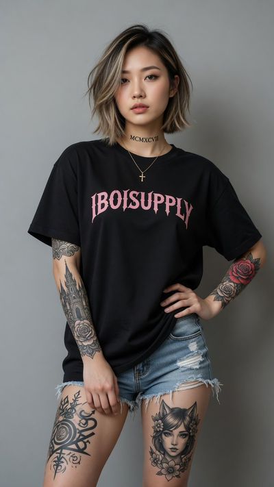 Tattooed woman in black tee poses against gray studio wall