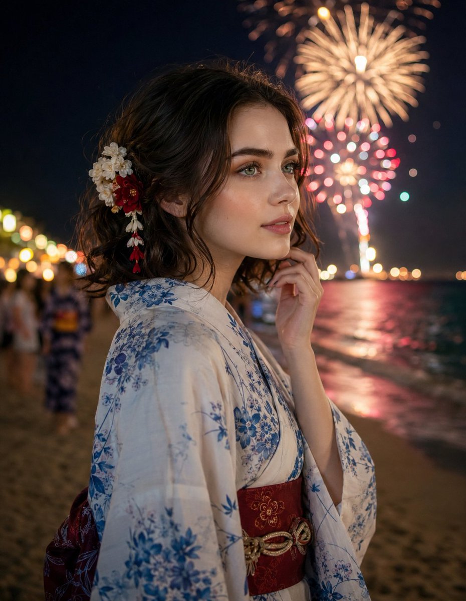 Young woman in yukata enjoys fireworks at beach festival