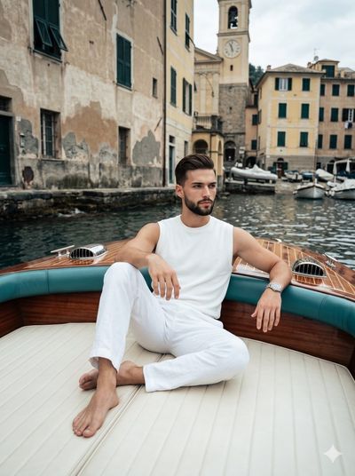 A contemplative man in white linen leans on a classic wooden boat.