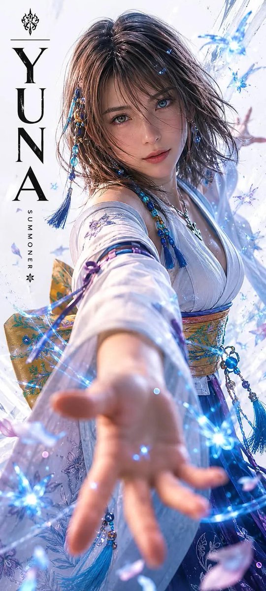 Rikku reaches for a glowing blue sphere in dynamic action pose