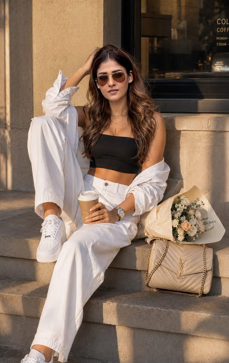 A young woman in aviators sits on steps during golden hour