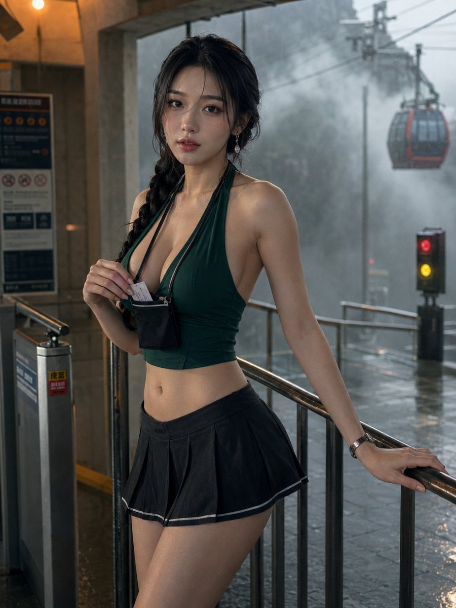 Stormy alpine gondola station portrait of a confident woman