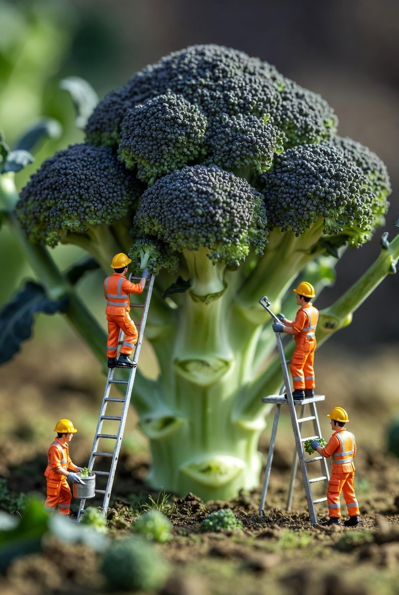 A Broccoli Towering Over Tiny Builders