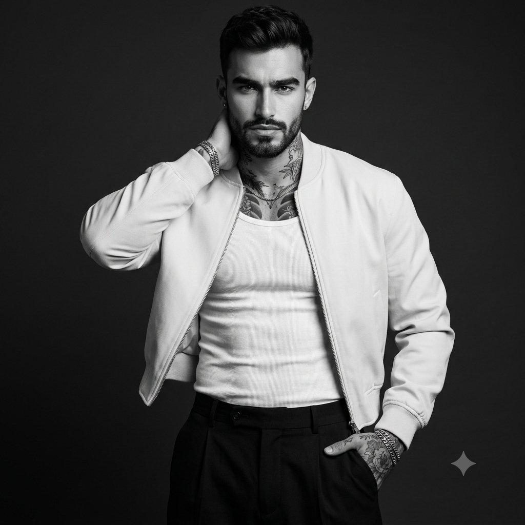 Rugged model in white bomber jacket poses with intense gaze