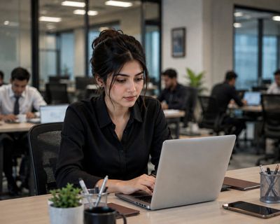 Young professional woman types at desk in sunlit modern office