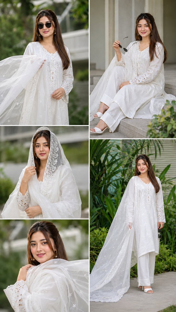 Five frames capture a woman in white lawn suit amid greenery
