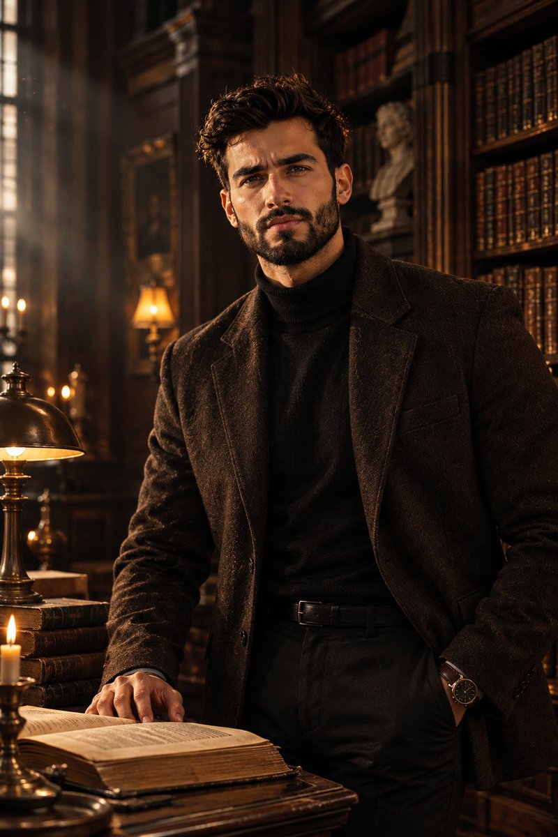 Young man in dark blazer stands in grand library with open book