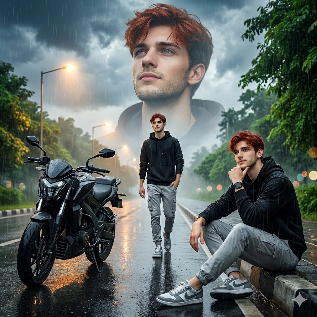 A young man's triple portrait on a rain-soaked road at dusk