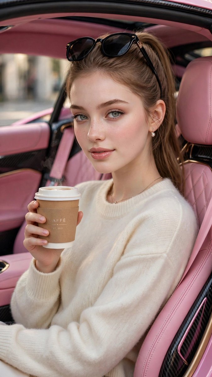 Woman in pink leather car holds coffee in warm light
