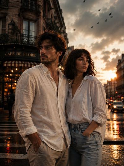 A mysterious couple shares a quiet golden hour street moment