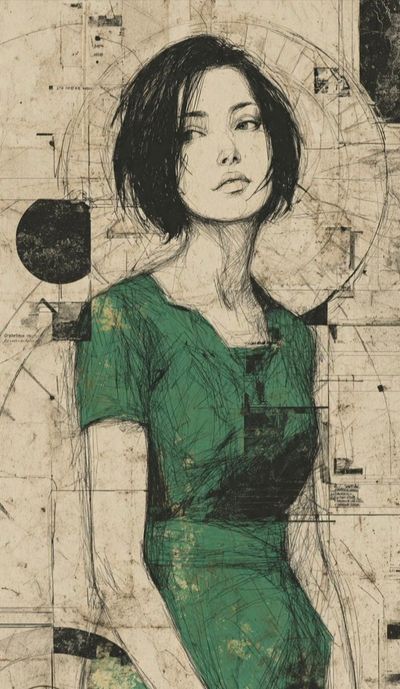 Thoughtful woman in green dress blends ink sketch with blueprint geometry
