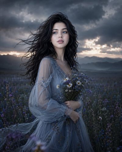 A melancholic woman stands in a stormy meadow with flowers