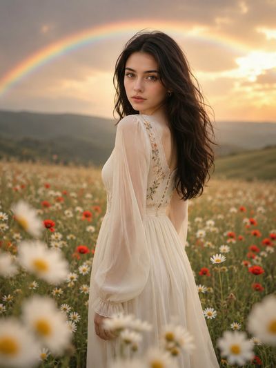 A woman in a cream dress smiles over her shoulder in a meadow