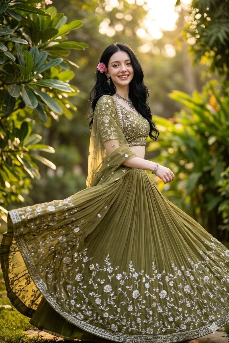 Indian woman in olive green lehenga twirls in sunlit garden