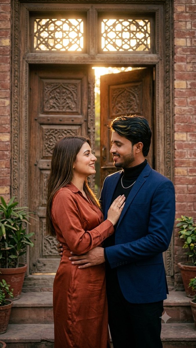 A couple shares a romantic moment by a wooden doorway