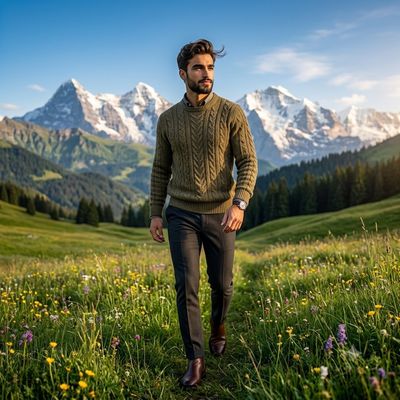 A confident man walks through a wildflower meadow at golden hour