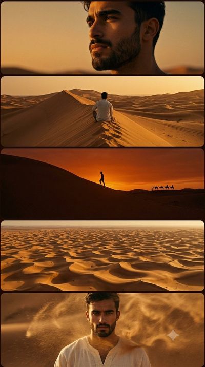 A young man in linen traverses the Sahara's golden dunes.