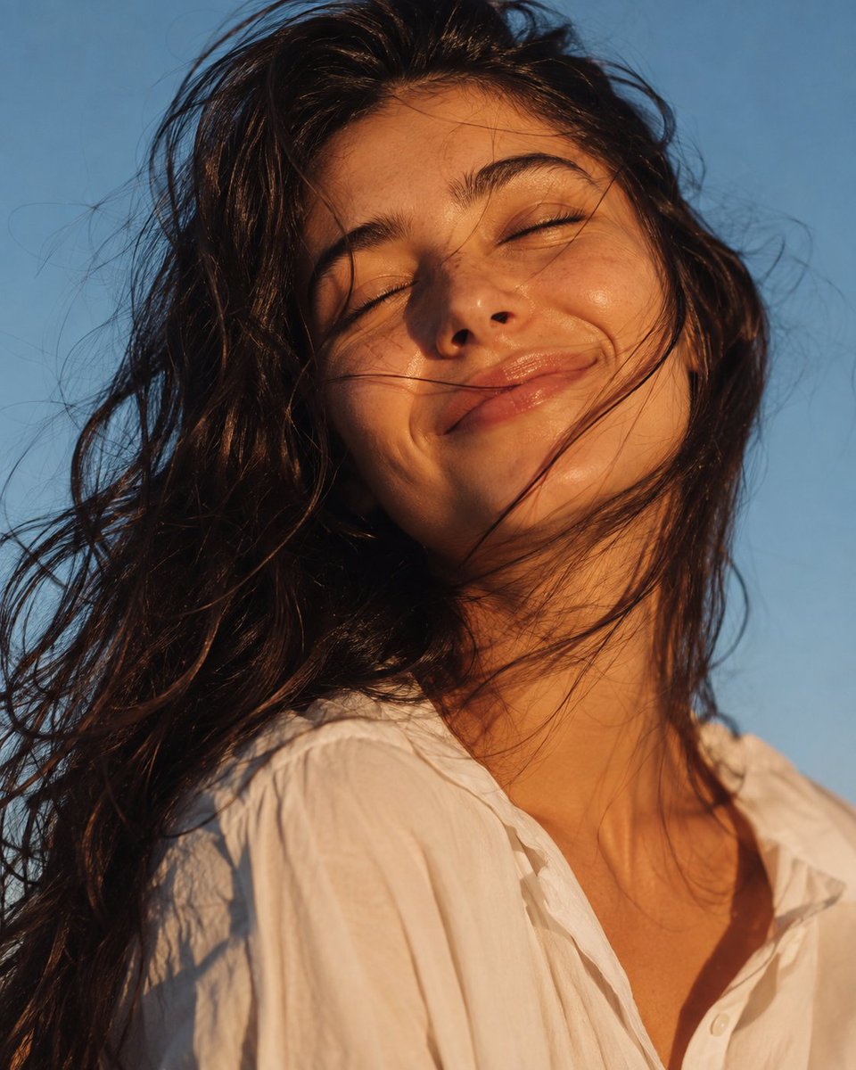 Golden hour sunlight illuminates a peaceful woman's serene closed-eye smile.