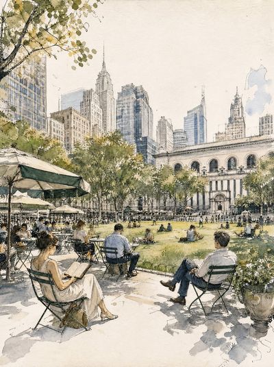 Sunlit park picnic with Manhattan skyline in nostalgic watercolor style