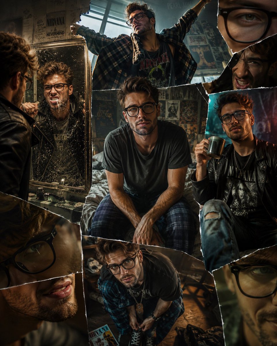 Fragmented identity wakes in a chaotic 90s grunge bedroom