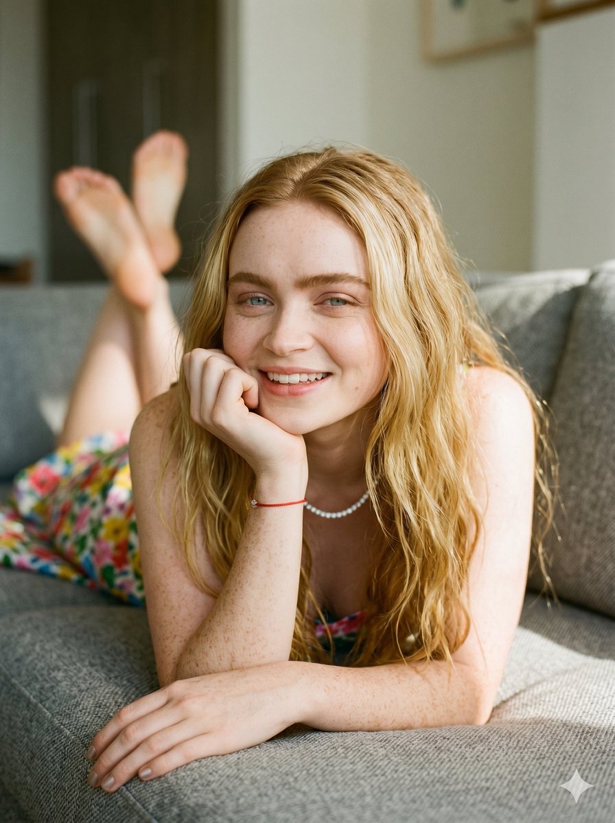 A red-haired woman smiles warmly on a grey sofa.