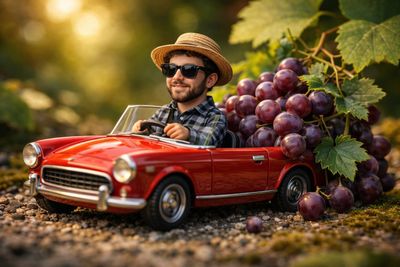 Tiny Driver in Glossy Red Toy Car Amid Mossy Garden Path