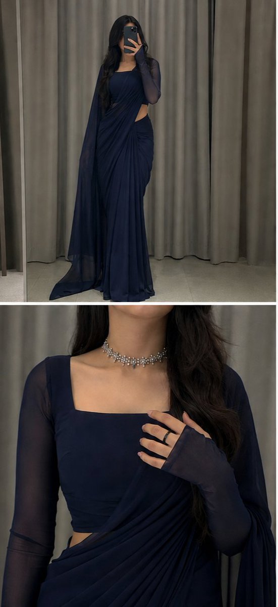 Elegant woman in navy saree poses in four-panel style