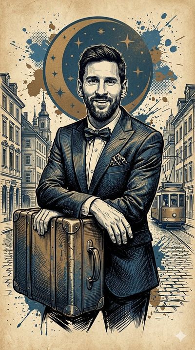 Lionel Messi smiles in vintage European city street portrait