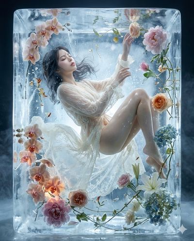 A frozen woman floats inside a crystal ice block