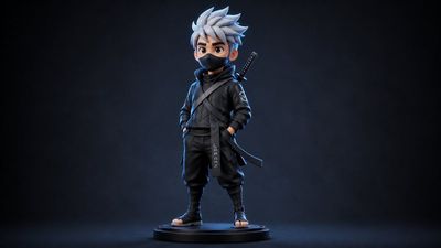 A leather-clad hero figurine stands under soft studio lights