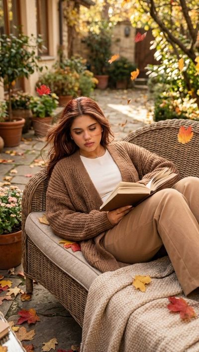 Girl reading a book on a wicker sofa in autumn courtyard