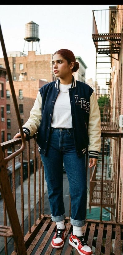 A woman in a varsity jacket pauses on a fire escape in late afternoon light