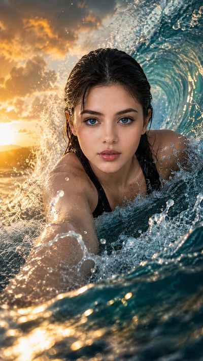 A fearless woman emerges through churning seawater under golden sunlight