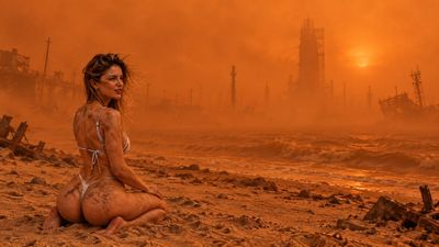 Model Kneeling in Sand Gazing at Orange Dust Storm Horizon