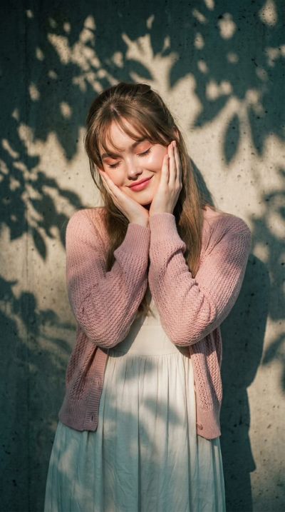 Young woman cups her cheeks as dappled sunlight filters through leaves