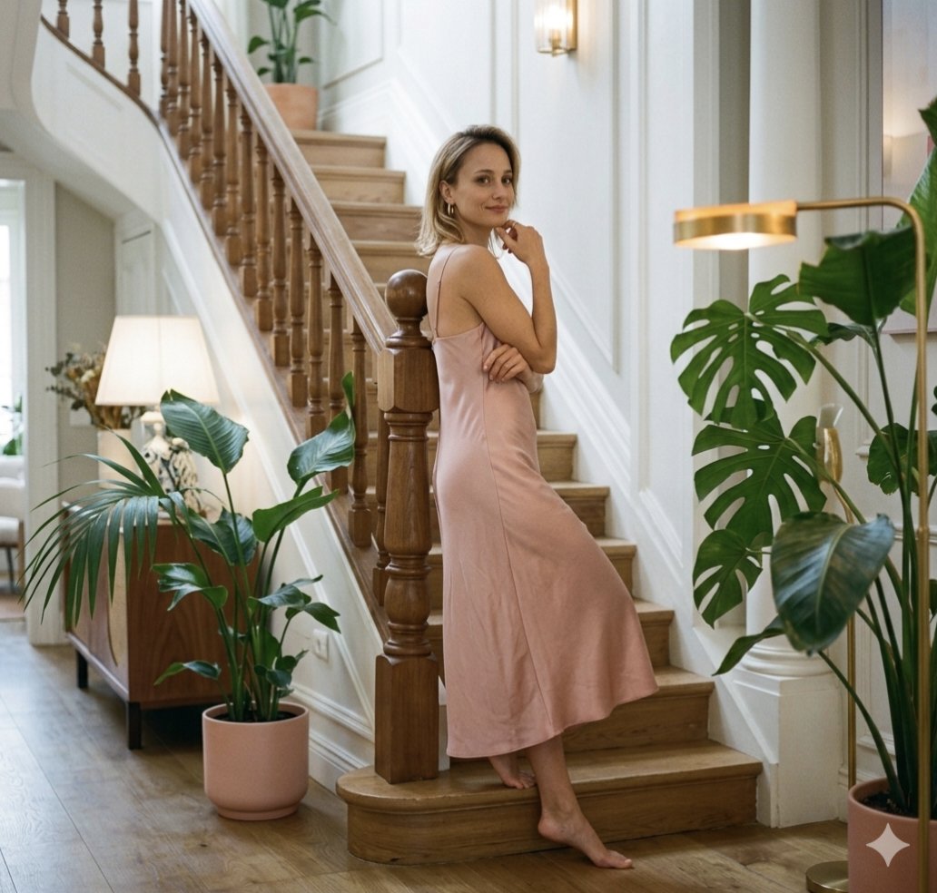 Blonde woman in pink slip dress poses gracefully on wooden stair.
