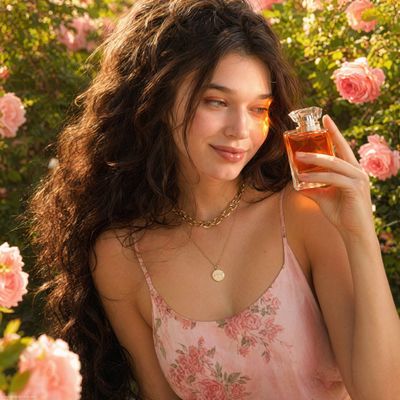 Woman in rose garden holds perfume bottle with sunlight glow