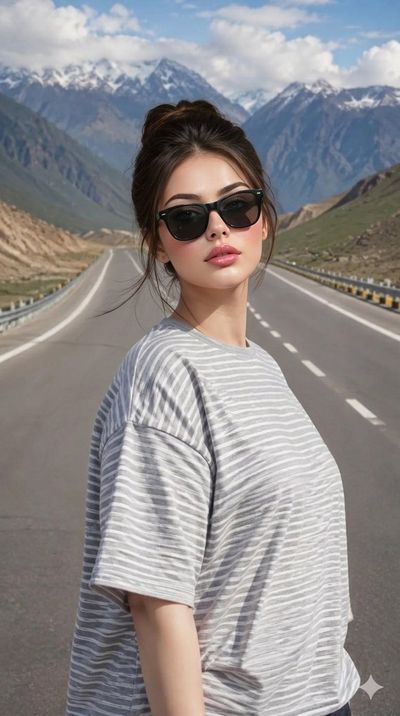 A stylish woman poses on an empty highway with mountain views.