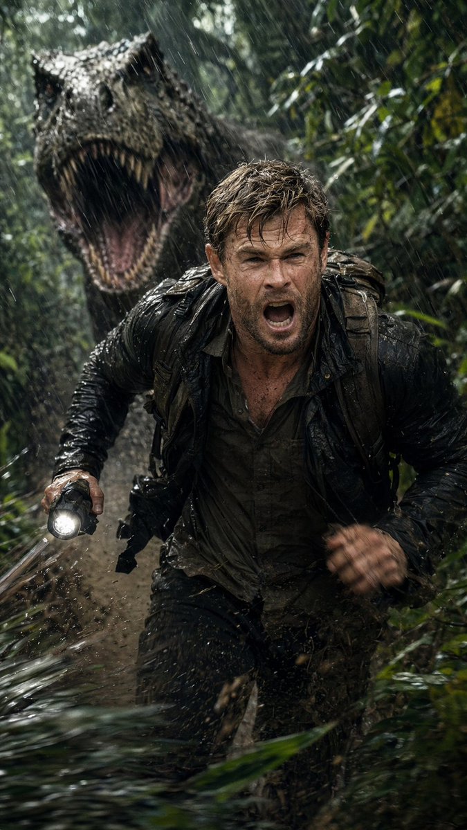 Jungle Pursuit: Man Racing from a Roaring Dinosaur in Torrential Rain