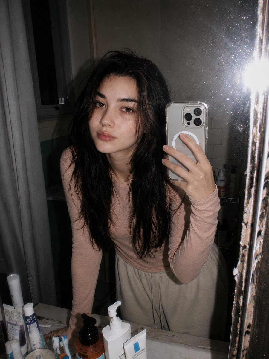 A Korean woman smirks in a harsh flash-lit bathroom mirror