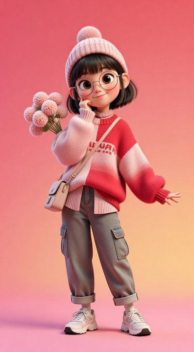Charming 3D Character in Cozy Pink Hues