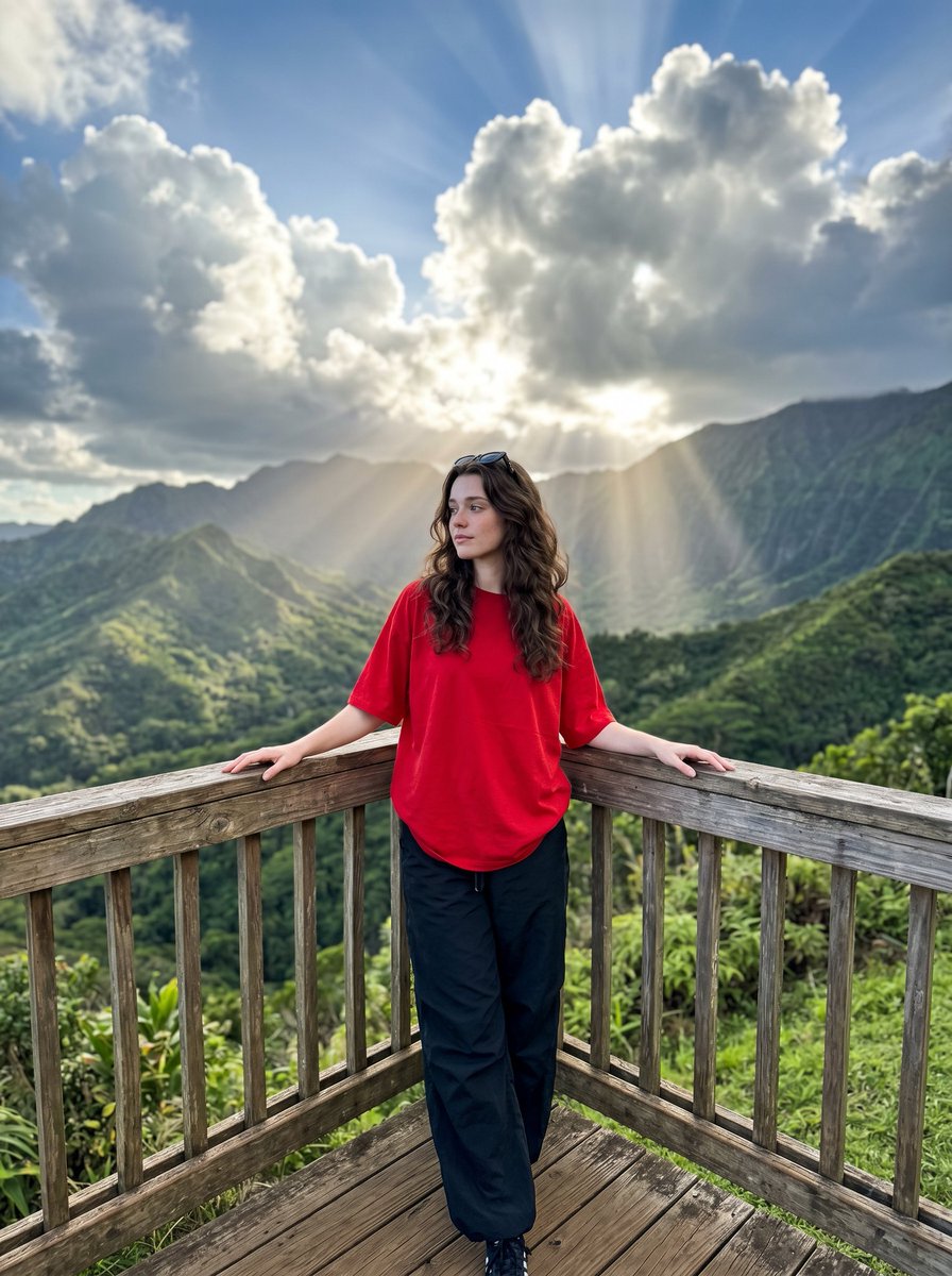 Young man in red shirt poses on deck overlooking tropical mountains
