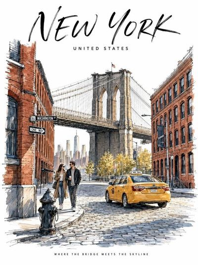Brooklyn Bridge rises above cobblestone streets in golden morning light