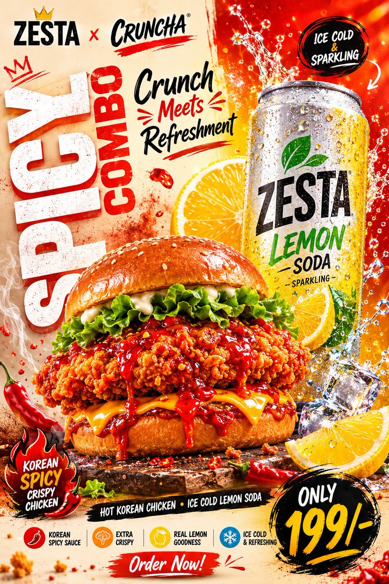Crispy Korean chicken burger pairs with zesty lemon soda combo