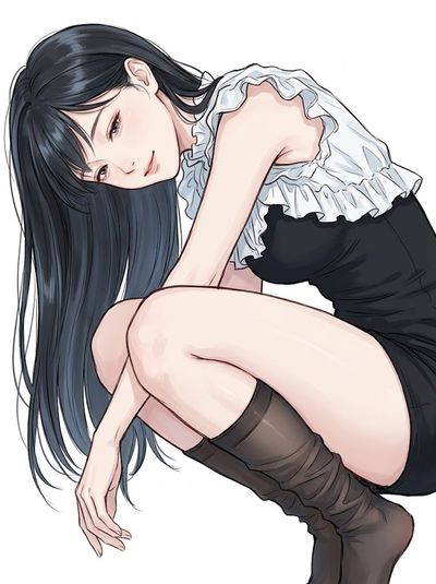 Crouching anime girl with flowing black hair on white background