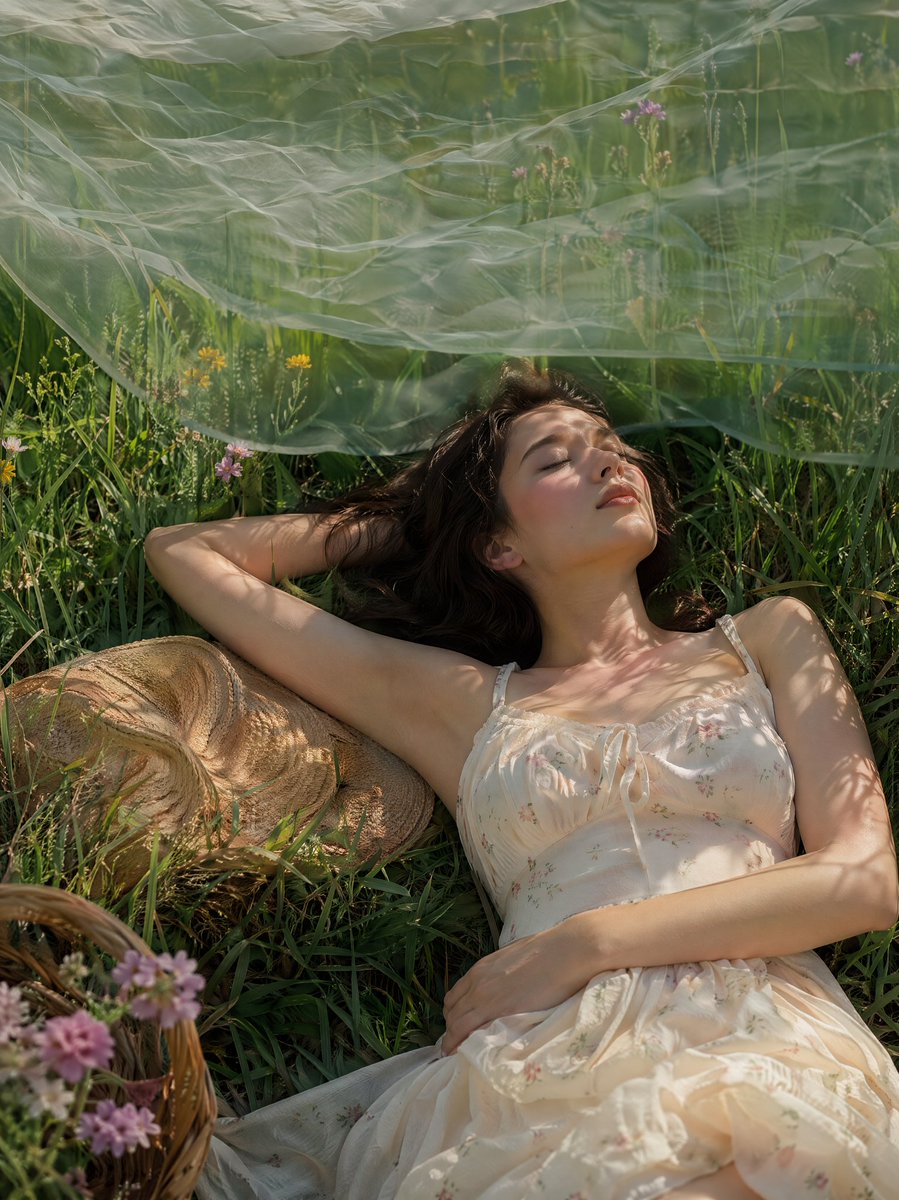 Woman in white dress sleeps on grass with floating veil