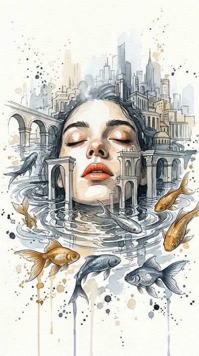 Fluid watercolor cityscape glows with wet reflections and golden mist