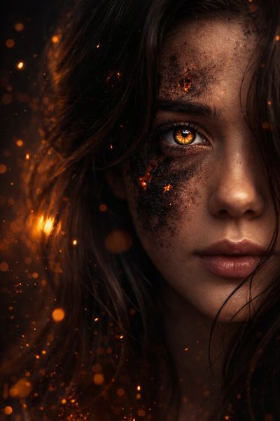 A fierce half-face glows with amber firelight and smoky embers