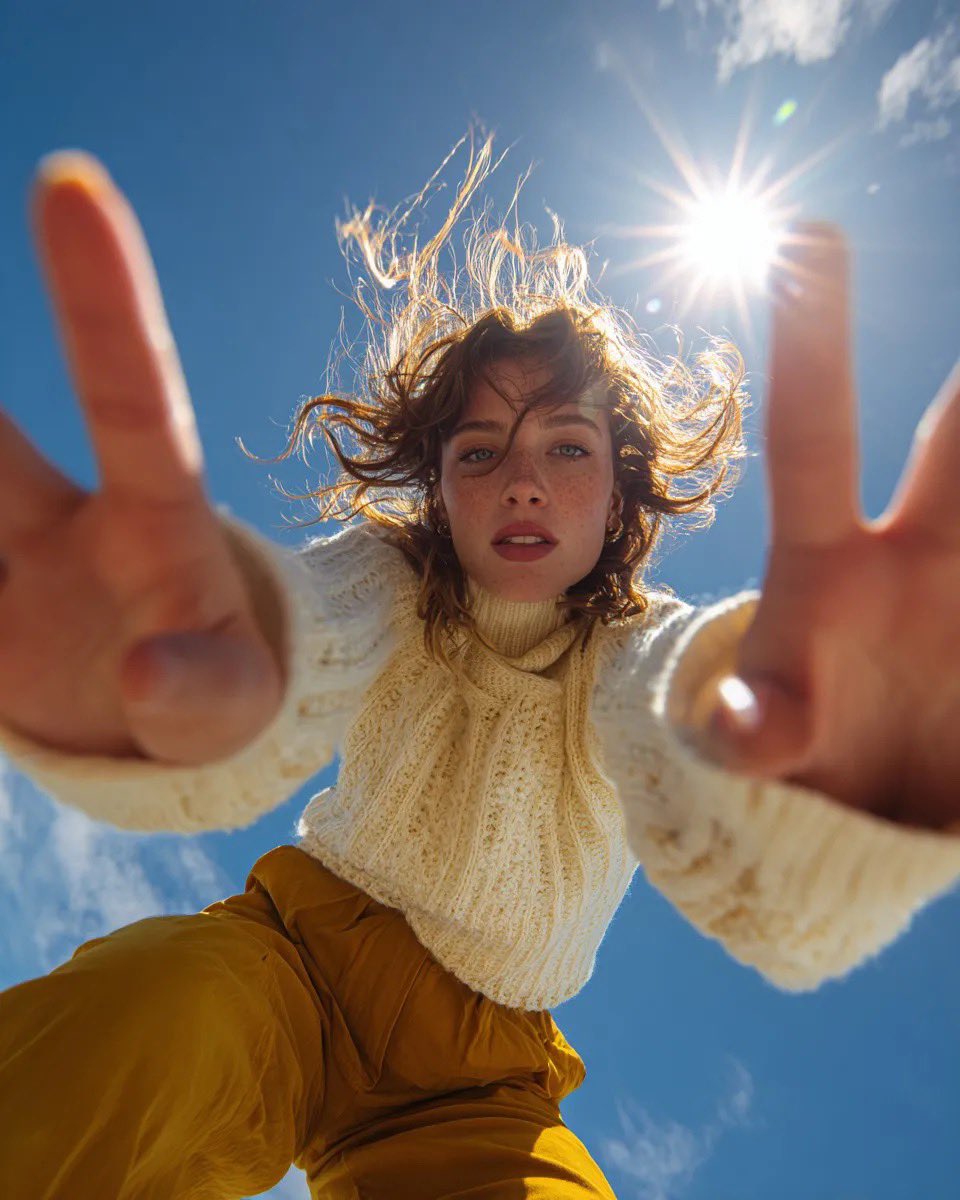 Ground-Level Fisheye Fashion Portrait in Harsh Midday Sun