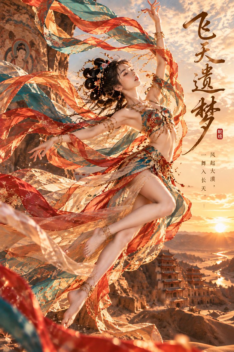 Ethereal Dunhuang Apsara Dances Above Golden Desert at Sunset